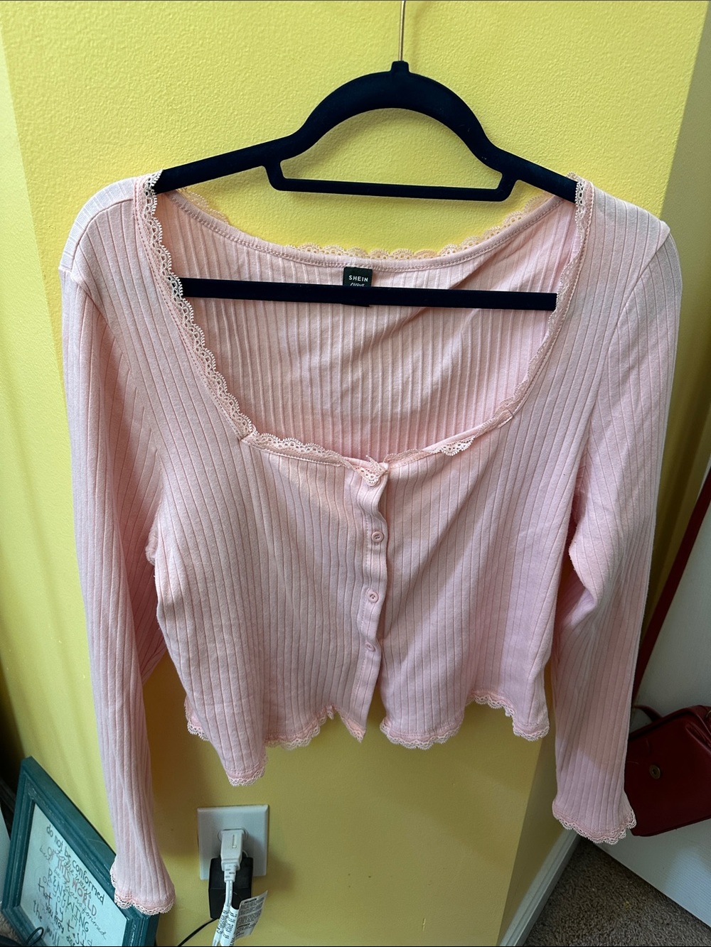 SHEIN Light Pink Ribbed Lace-Trim Button-Front Long Sleeve Top
